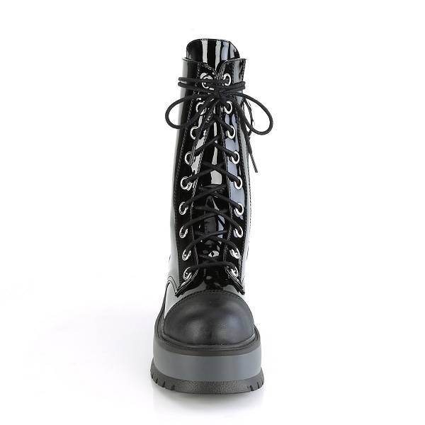 Demonia Women's Slacker-220-1 Platform Mid Calf Boots - Black Patent/Vegan Leather D8452-93US Clearance